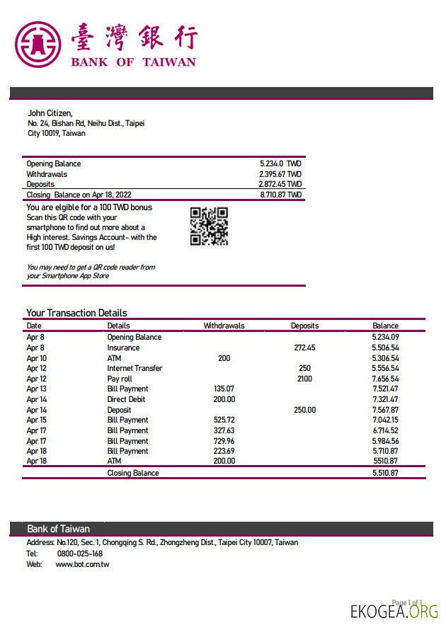 Relevé bancaire de la Banque de Taiwan de Taiwan